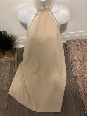 Neiman Marcus Cream Halter Maxi Dress with Crochet Trim